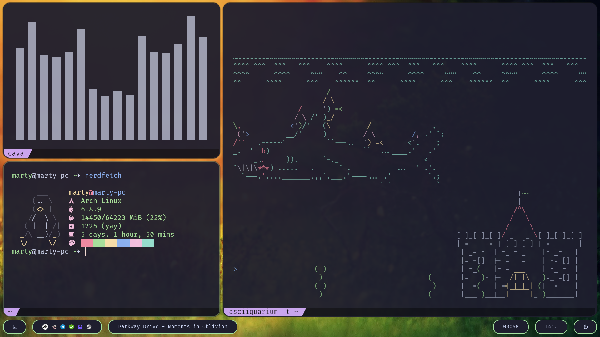 A screenshot of a monitor with 3 terminals, running asciiquarium, cava and nerdfetch, to display my dotfiles